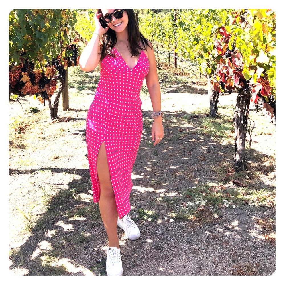 RESA Harper hot pink polka dot slip midi dress XS